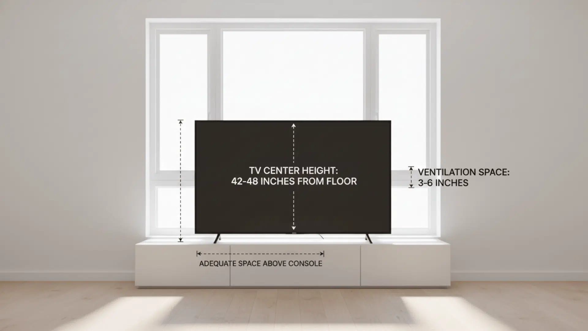 Diagram showing ideal TV height and ventilation measurements for placement in front of a window.