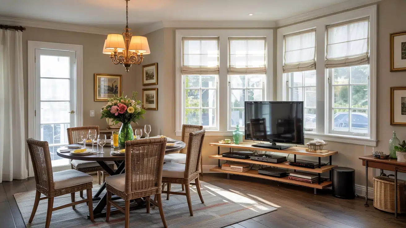 Flat-screen TV on a wooden console in a sunny dining room with Roman shades.