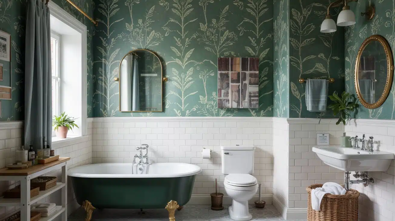 Forest green botanical wallpaper paired with white subway tile in a classic bathroom.