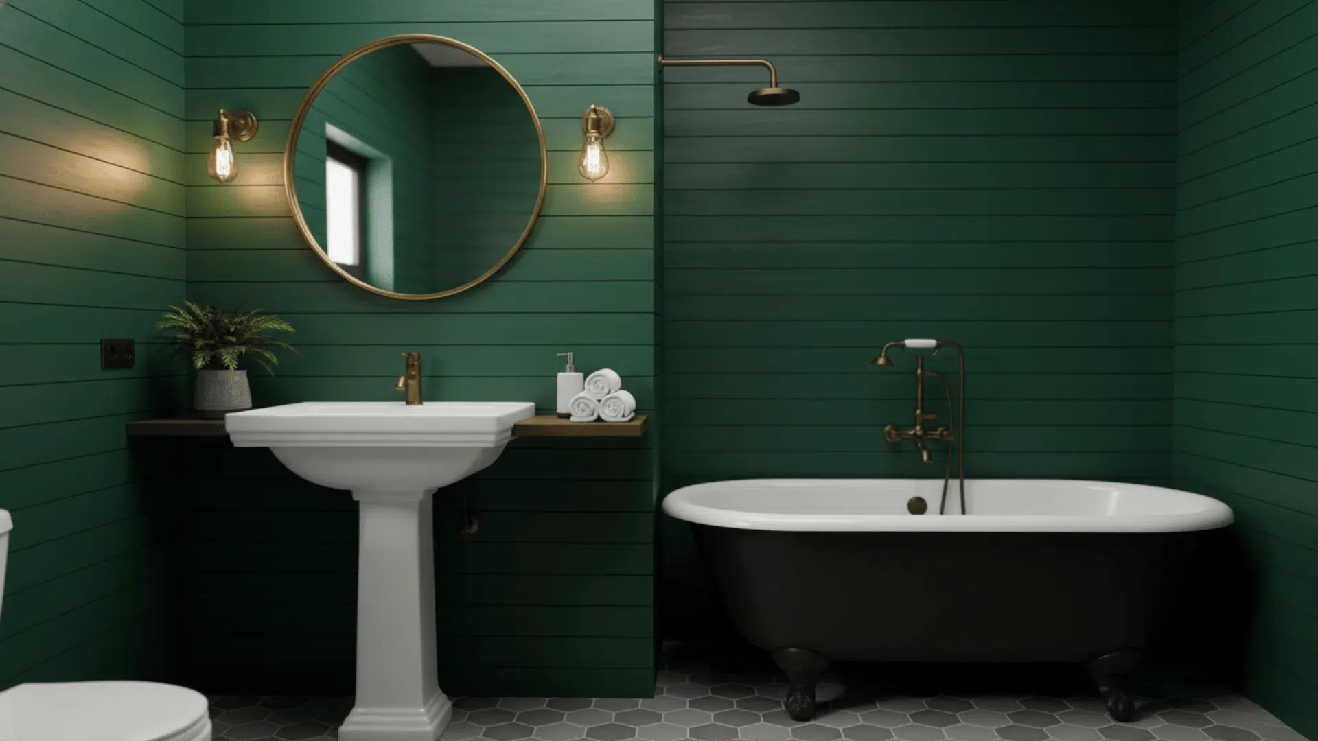 Horizontal dark green shiplap walls in a bathroom with a white sink and round mirror.