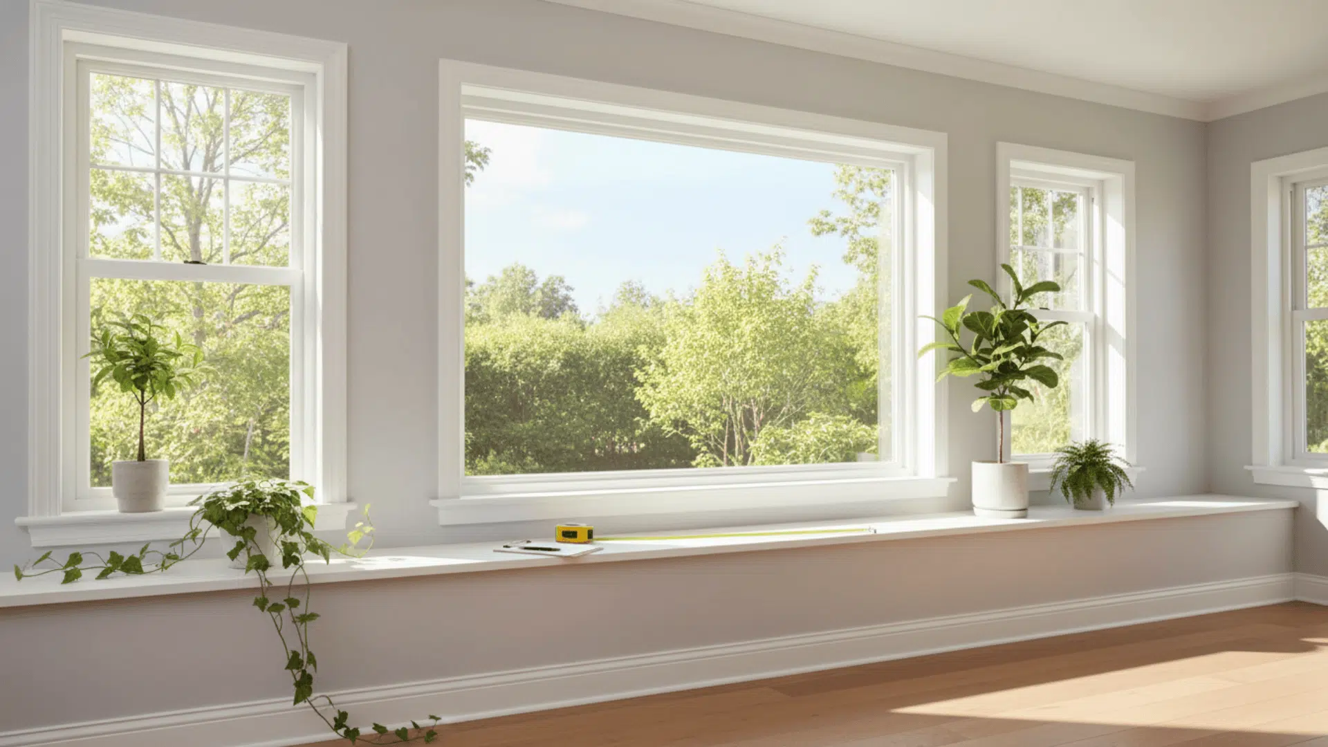 Large modern picture window in a minimalist living room offering a bright, scenic view.