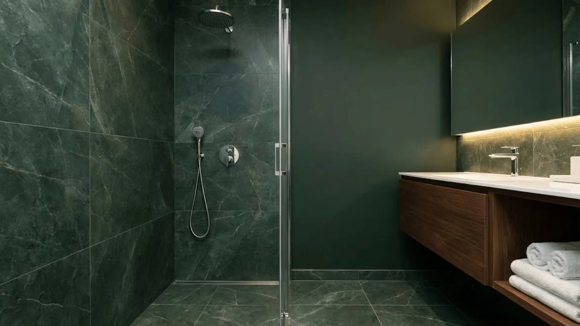 Luxurious emerald stone-inspired tiles with subtle white veining in a modern shower.
