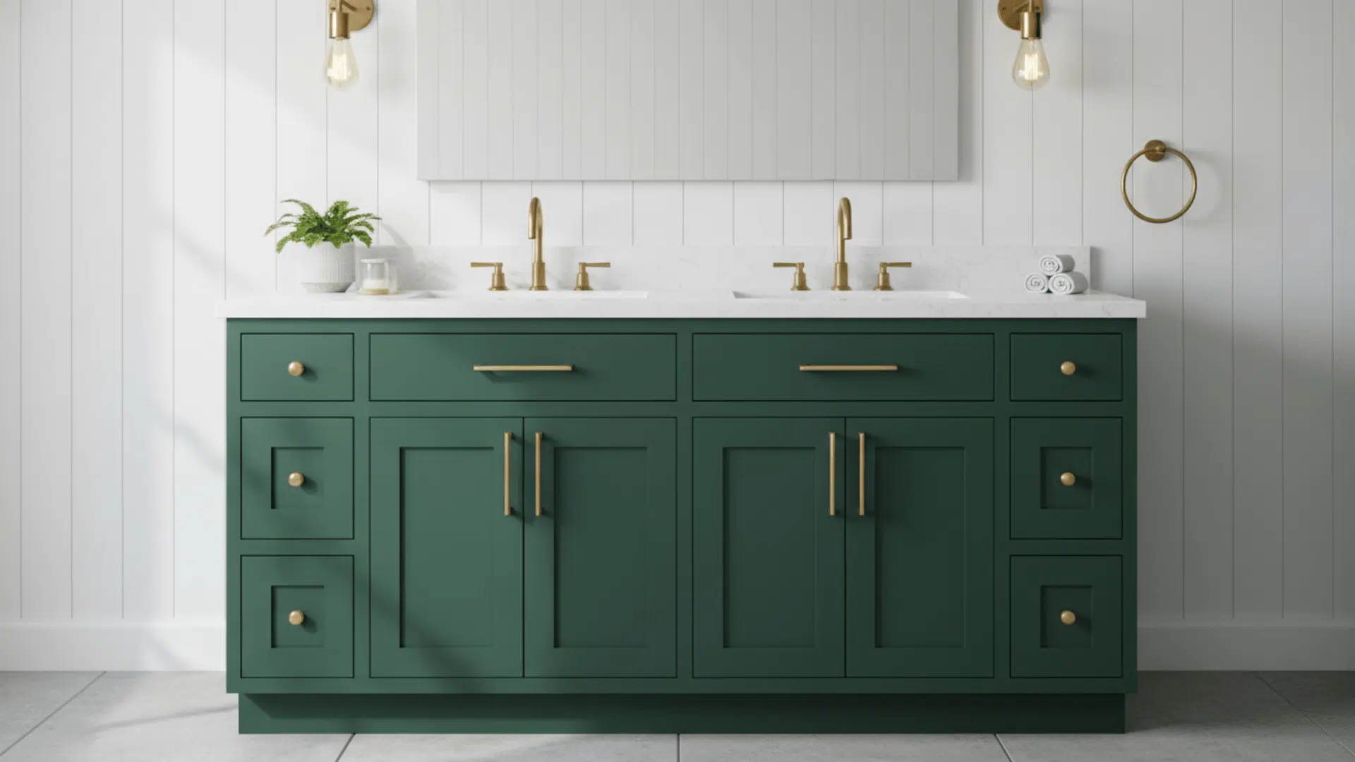 Matte forest-green double vanity with gold handles and a white marble countertop.
