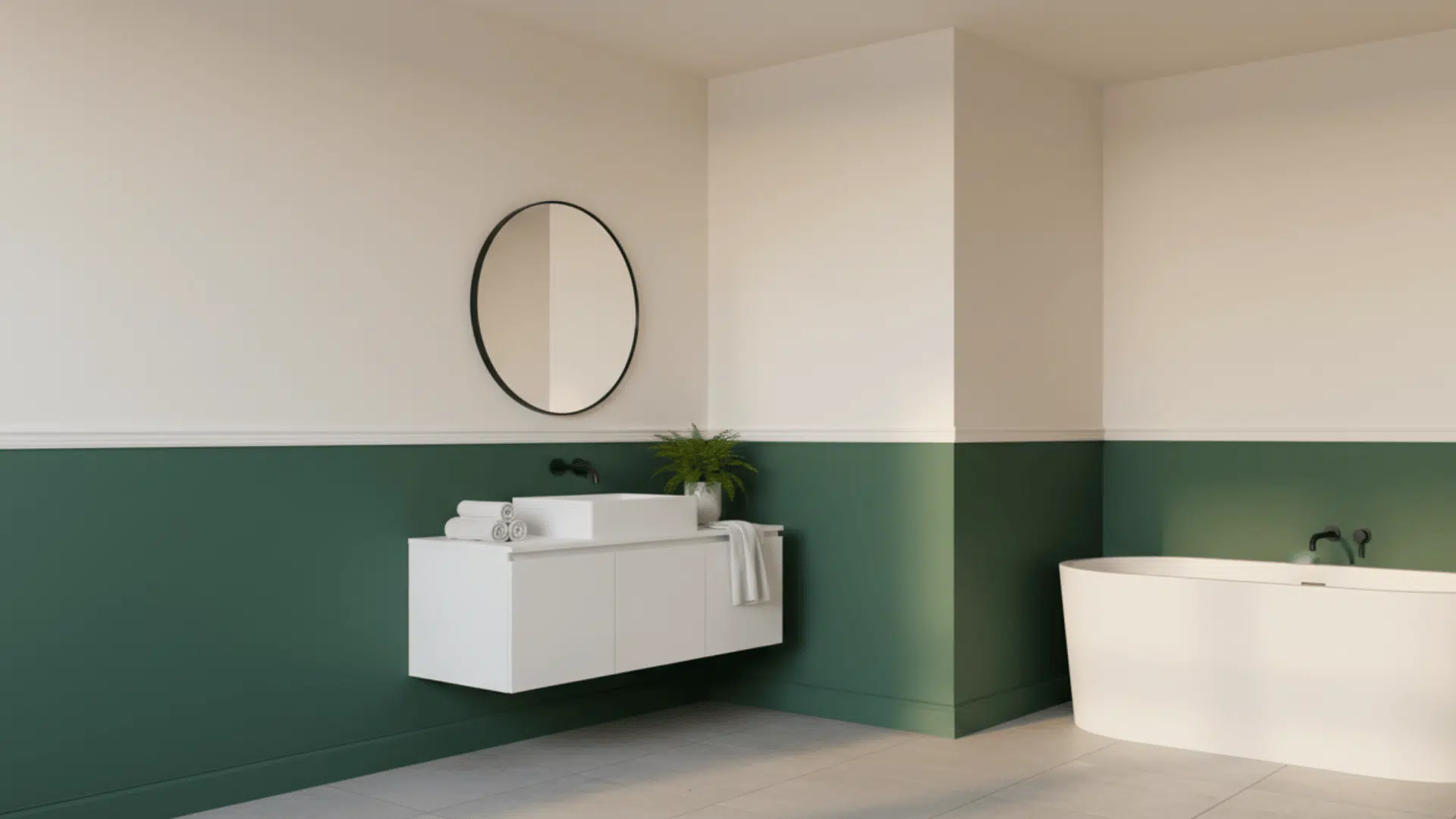 Modern bathroom featuring dark green lower walls and white upper walls with a freestanding tub.