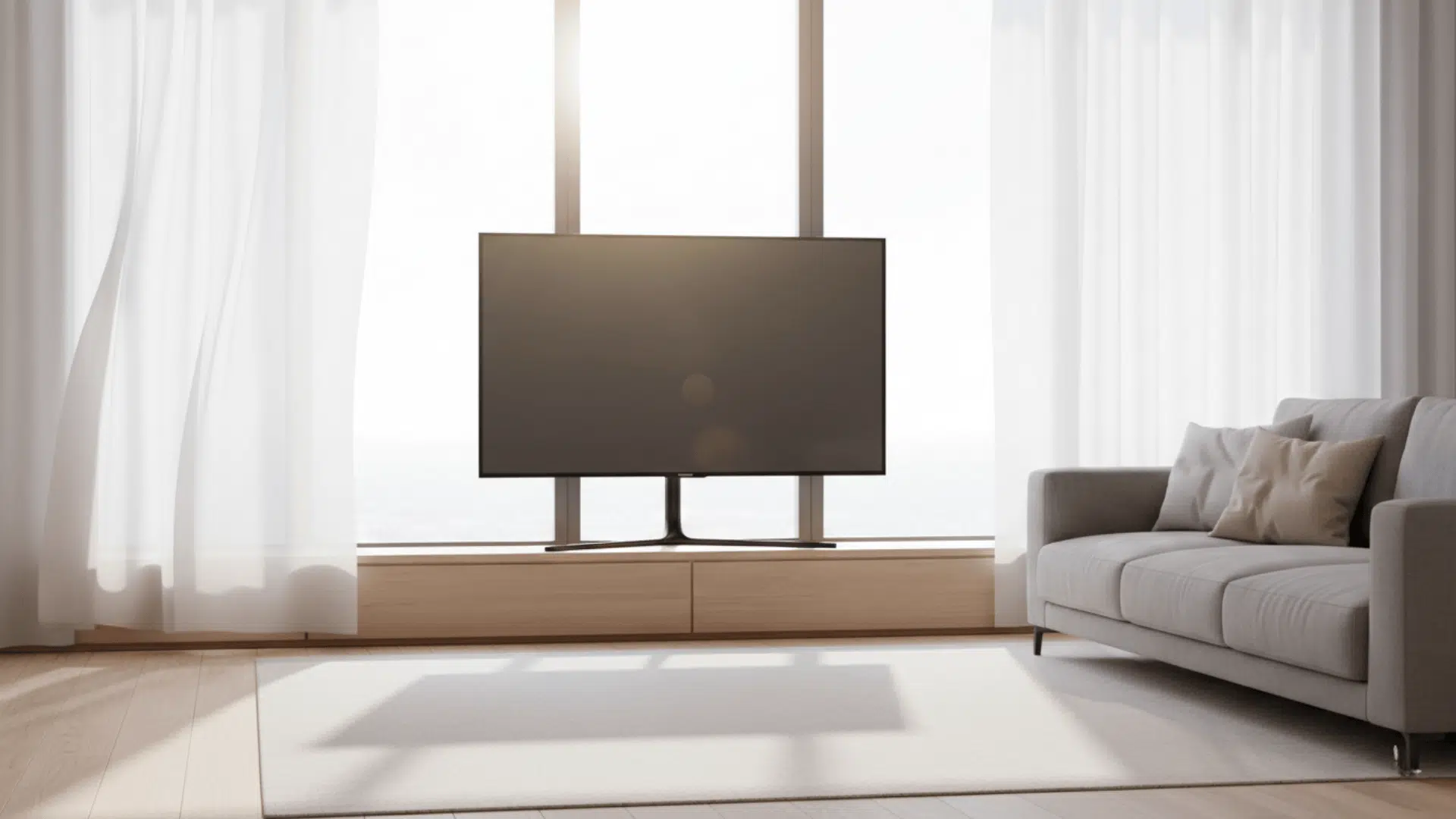 Modern flat-screen TV mounted in front of a window with sheer curtains and a grey sofa.