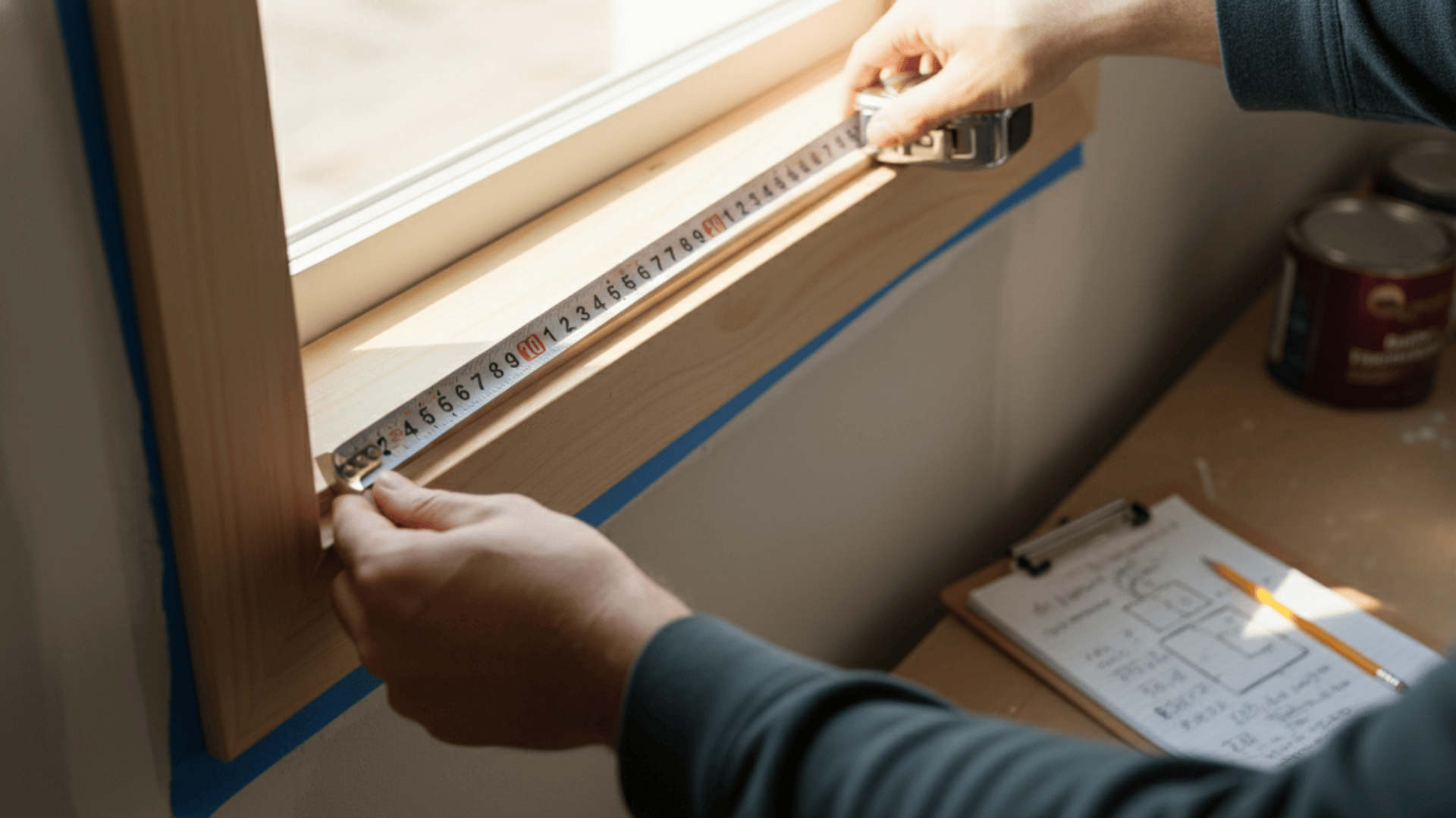 Person using a tape measure to determine the horizontal width of a wooden window frame.