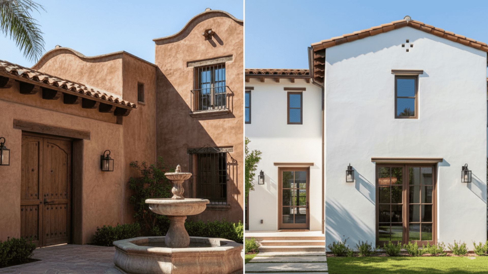 Side-by-side comparison of a rustic, earthy Hacienda-style house and a refined, white Spanish-style home.