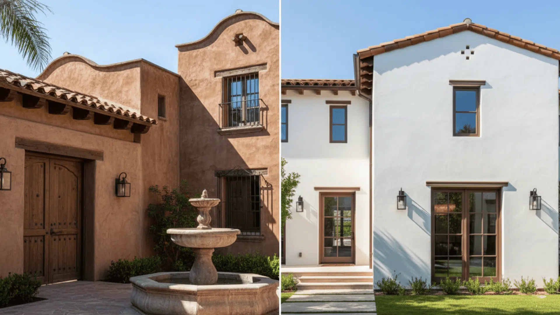 Side-by-side comparison of a rustic, earthy Hacienda-style house and a refined, white Spanish-style home.
