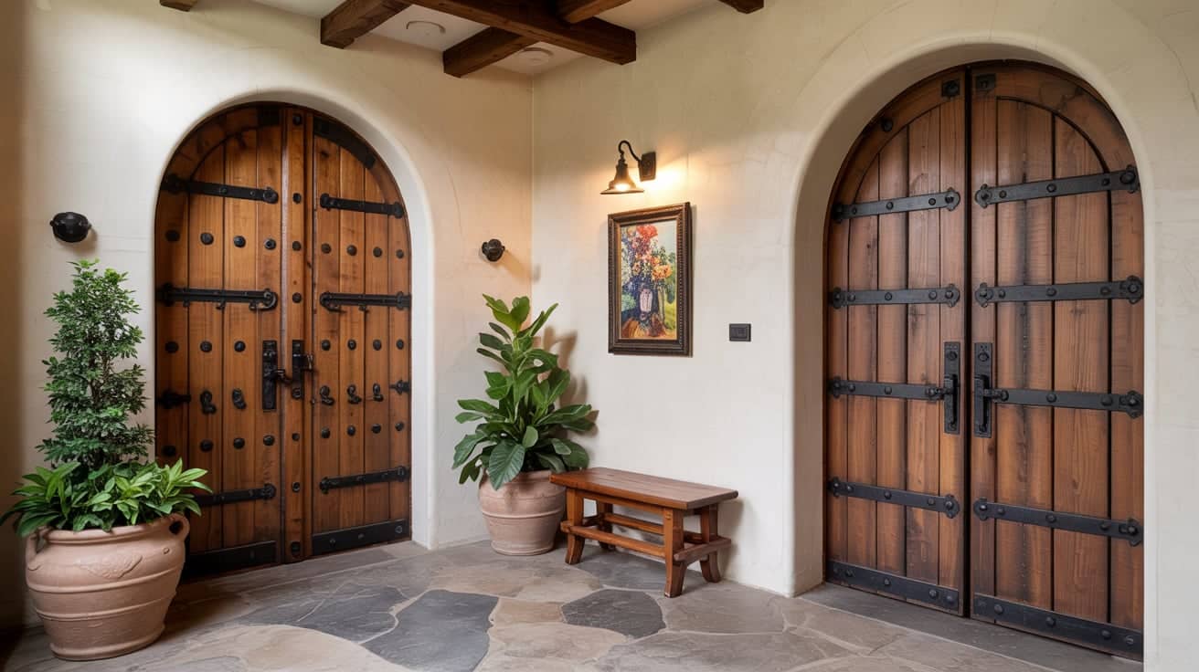 Two arched dark wood doors with black iron studs and handles set in a white wall.
