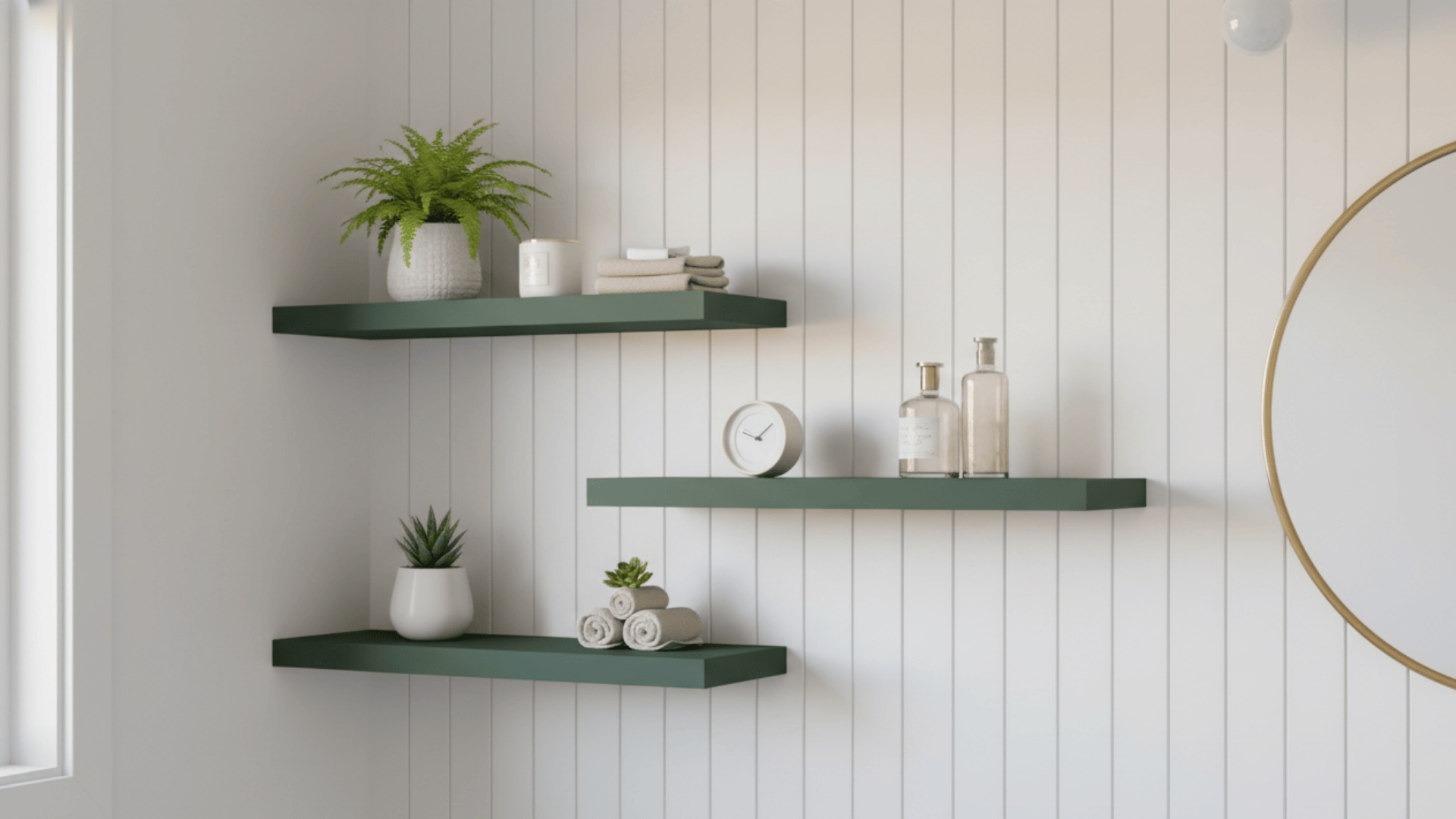Two dark green floating shelves mounted on a white vertical-slatted wall, holding small plants and decor.
