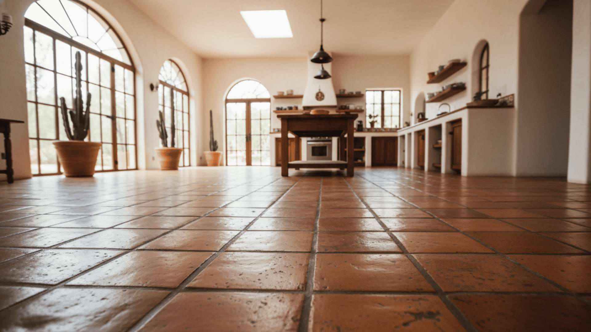 Warm, sunlit room featuring earthy orange Saltillo tile flooring with large arched windows and rustic decor.