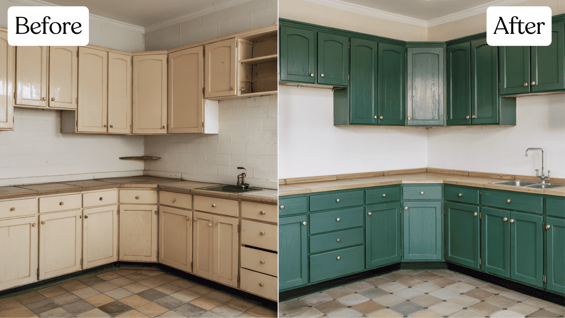 cream forest green cabinet refacing