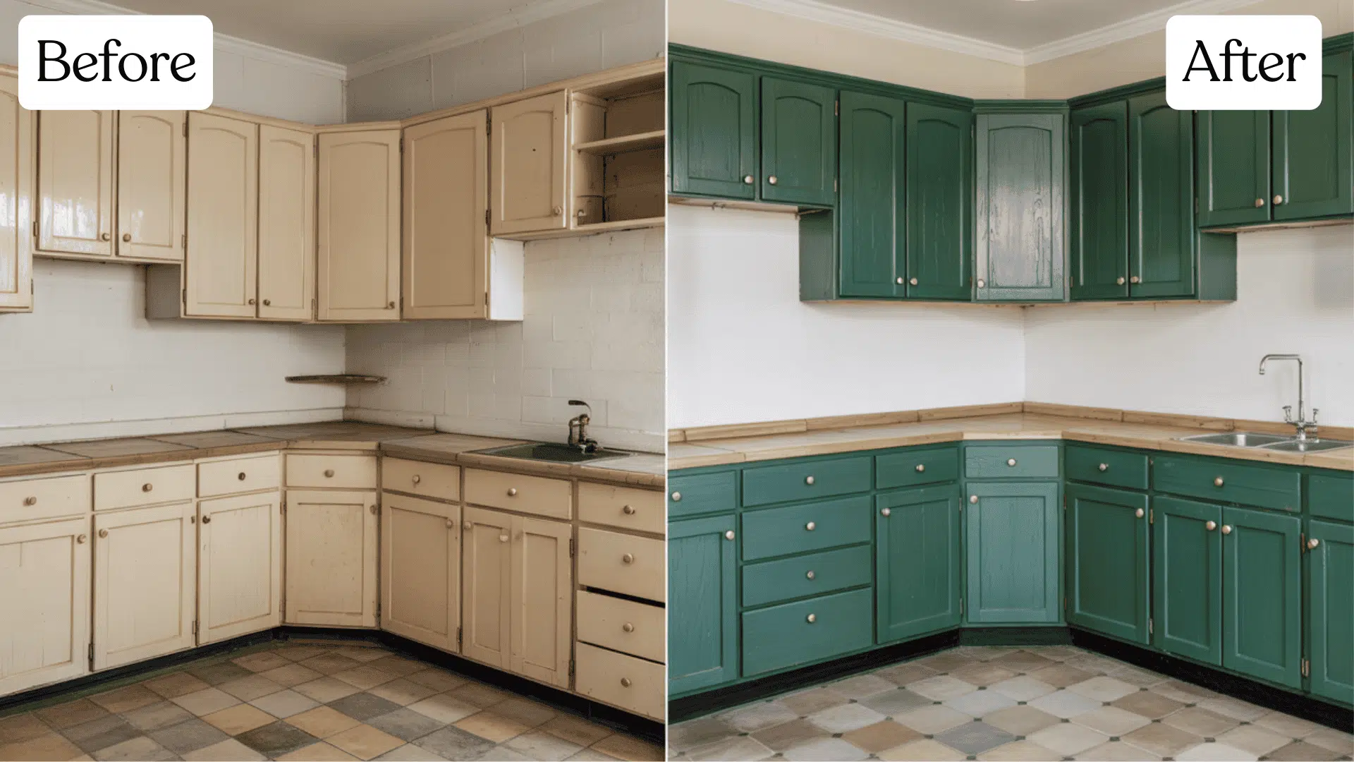 cream forest green cabinet refacing