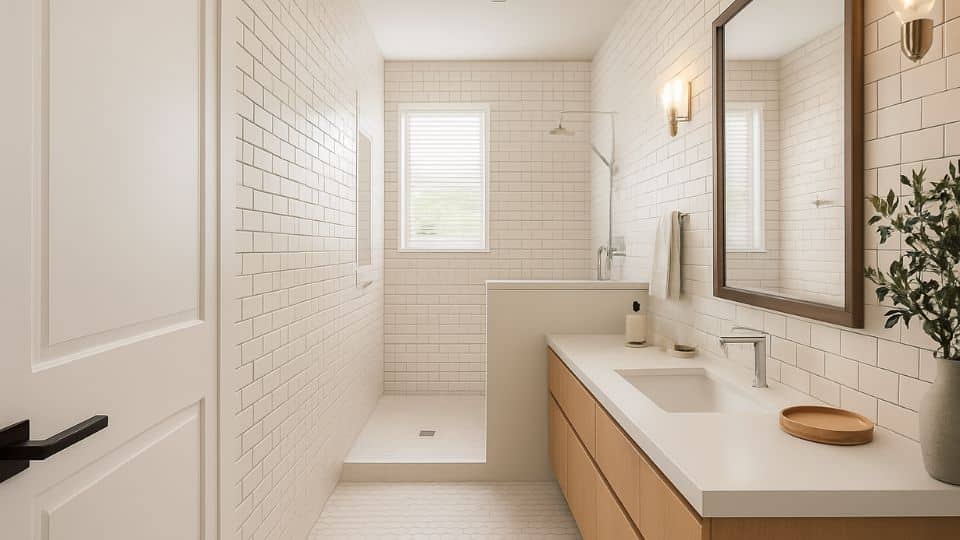 narrow primary bathroom layout