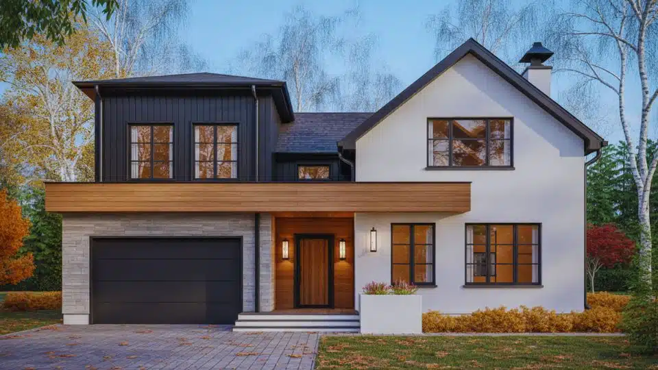 Contemporary white and black home exterior with wood accents, mixed siding, and modern garage facade