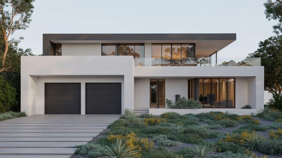 Contemporary white box-style home with flat roof, large windows, and minimalist landscape design