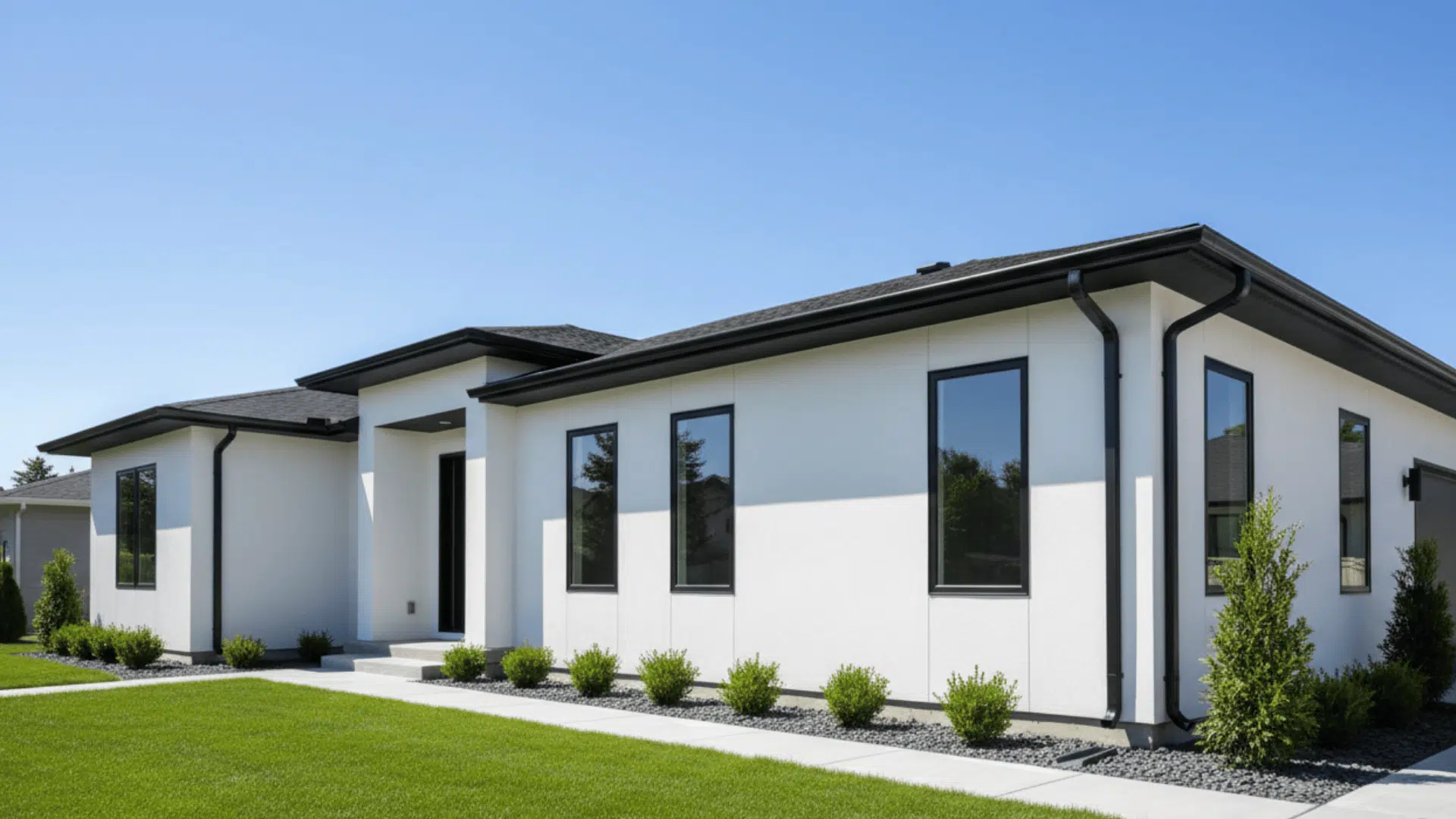 Contemporary white home with black gutters, clean lines, and minimalist landscaping along exterior walls