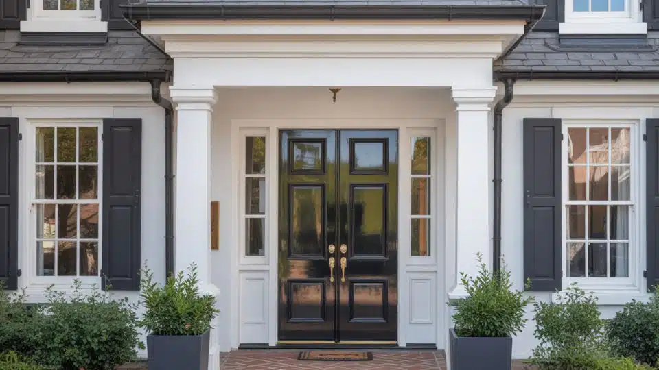 Elegant white home entrance with high-gloss black double doors, classic columns, and symmetrical facade design
