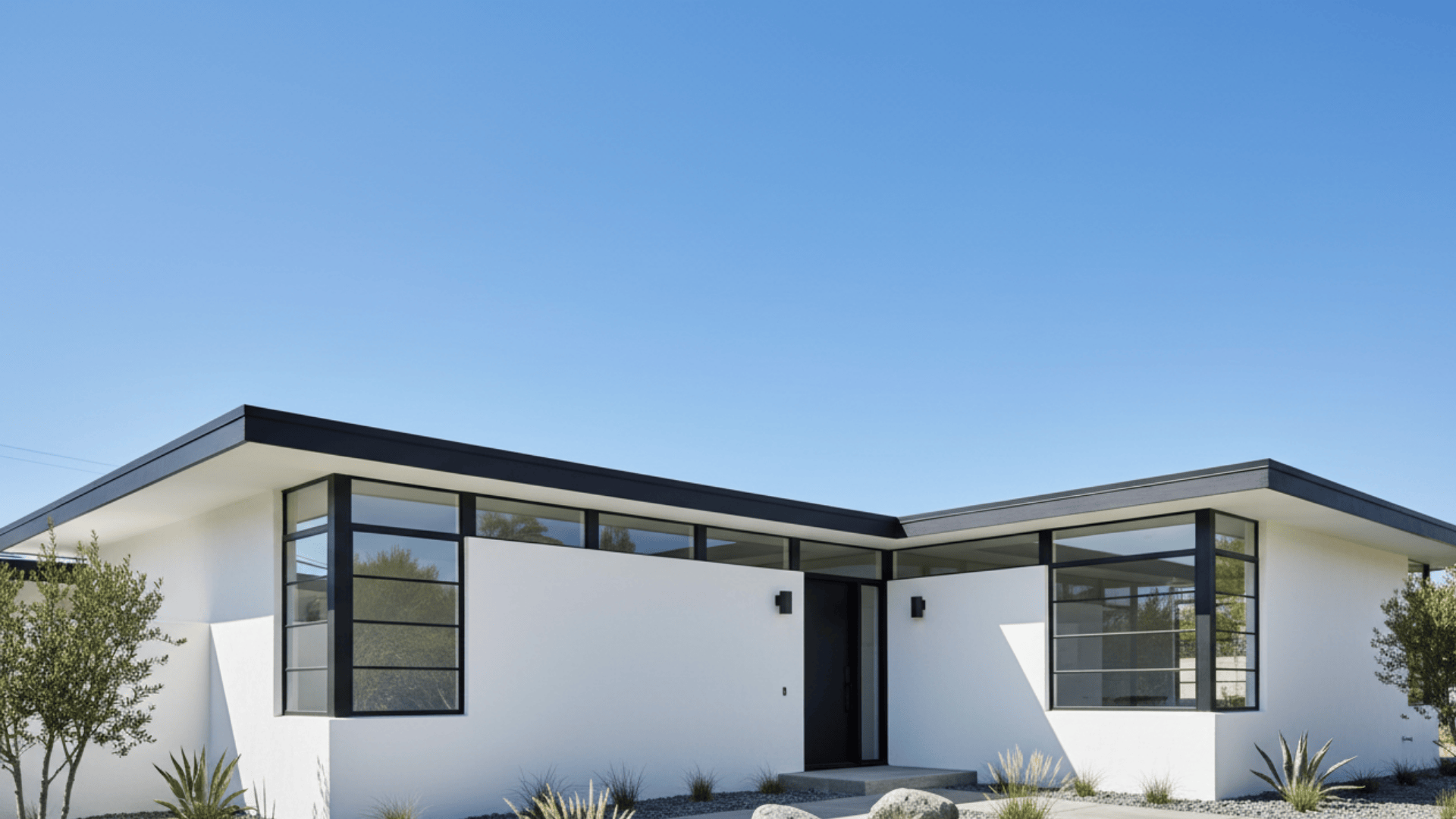 Mid-century modern white home with flat roof, black trim windows, and large glass panels for natural light