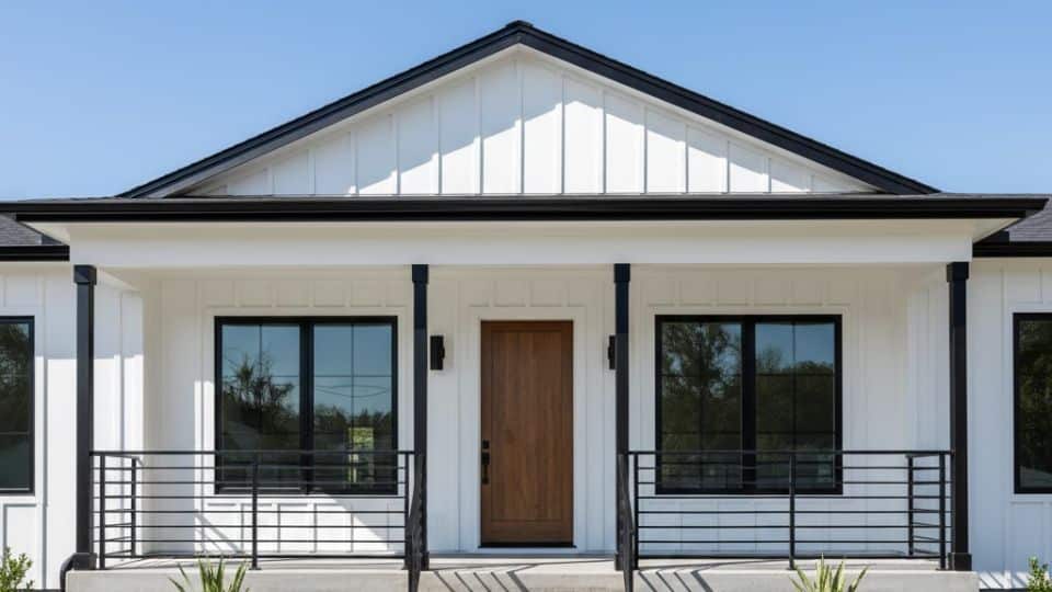 Minimal farmhouse porch with black steel railings, white siding, and clean-lined contemporary exterior design