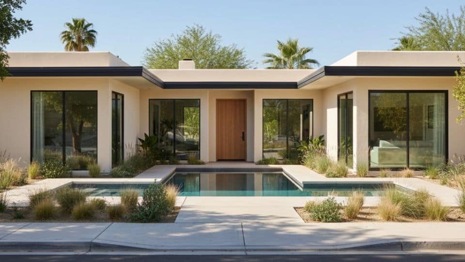 Modern white courtyard home with flat roof, black trim windows, and central pool with desert landscaping
