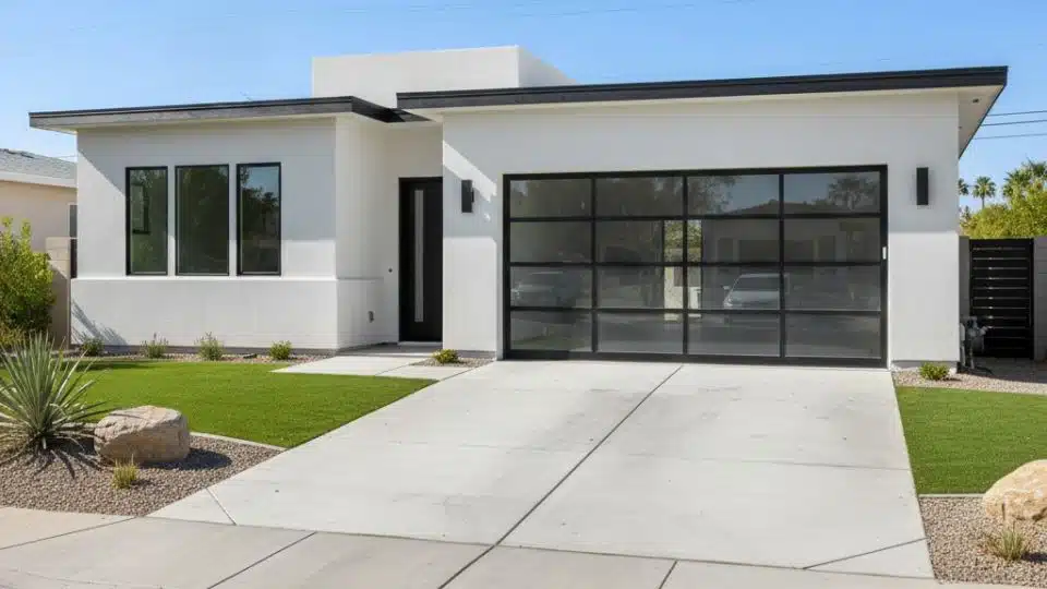 Modern white home with black garage doors, flat roof, and clean driveway with minimalist landscaping