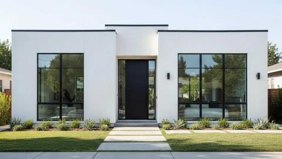 Modern white house with black framed windows, flat roof, and simple landscaping in a clean layout
