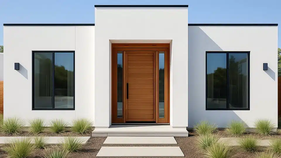 Modern white stucco home with flat roof, wood accent front door, and sleek contemporary exterior design