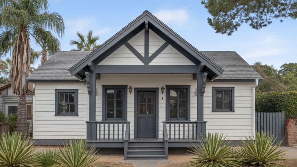 Small white cottage with gray-black trim, gabled roof, and cozy front porch with railing and steps