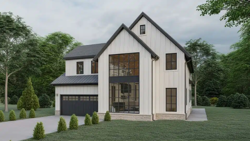 Tall modern farmhouse with vertical white siding, black trim windows, and large glass front elevation