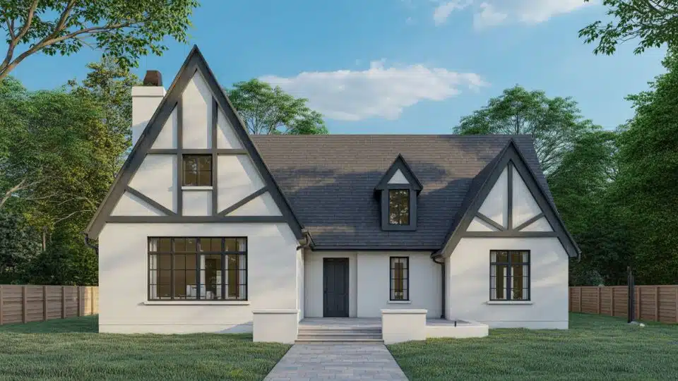 Tudor-style white house with black timber accents, pitched roof, and classic architectural detailing