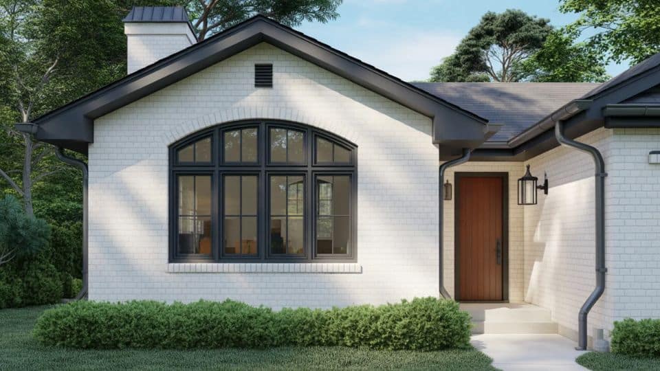 White brick house with black trim, arched window, and warm wood front door in a modern exterior style