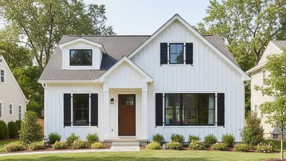 White cottage-style home with black shutters, pitched roof, and charming front entry landscaping design
