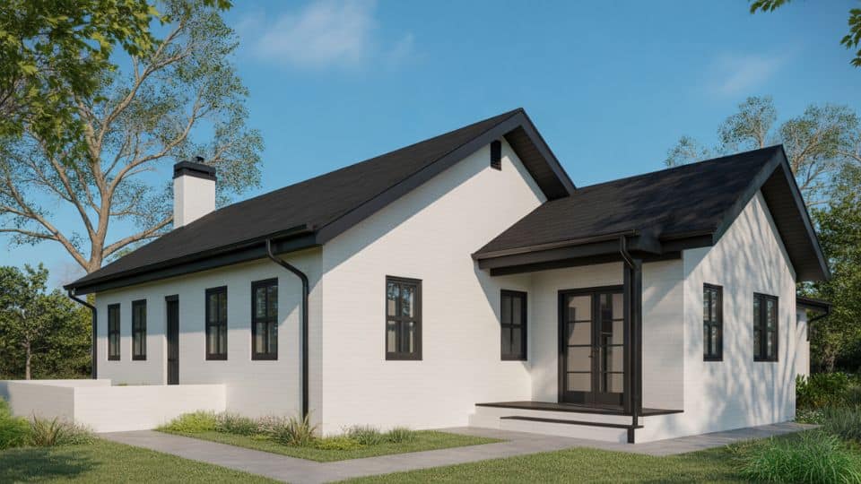 White exterior home with black eaves, clean rooflines, and simple landscaping around the property
