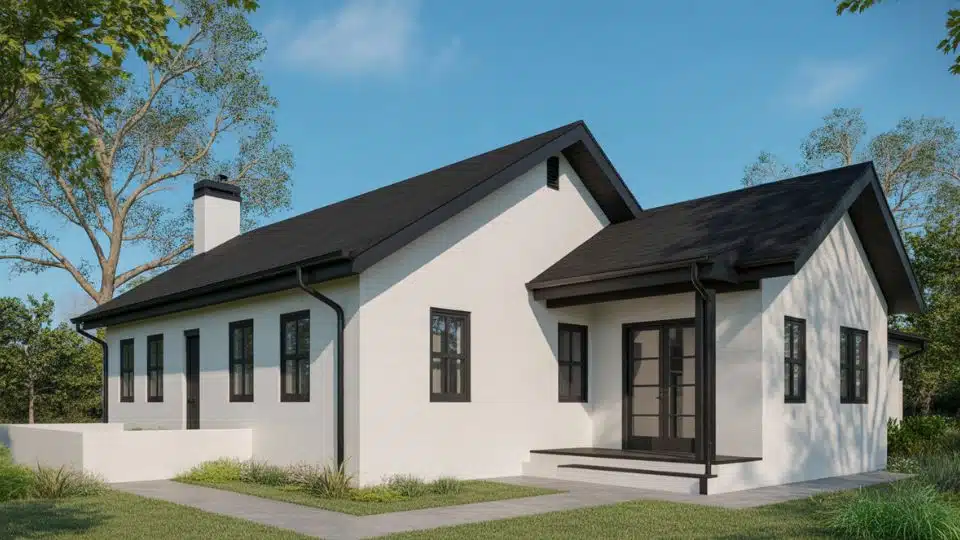 White exterior home with black eaves, clean rooflines, and simple landscaping around the property