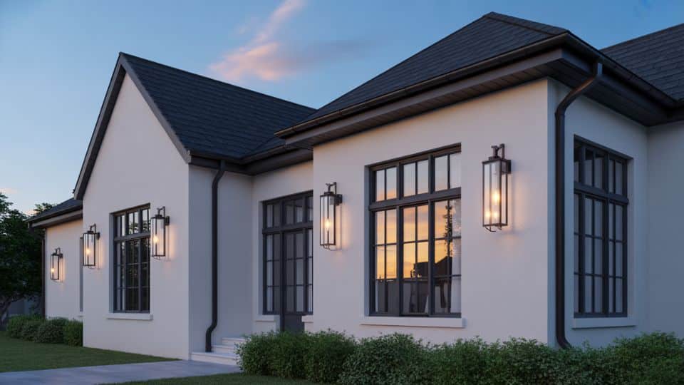 White exterior home with oversized black wall lights, modern windows, and evening outdoor ambiance