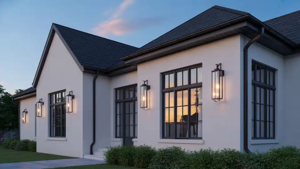 White exterior home with oversized black wall lights, modern windows, and evening outdoor ambiance