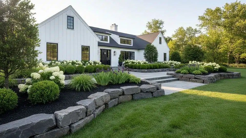 White farmhouse exterior with tiered stone landscaping, lush garden beds, and black window accents