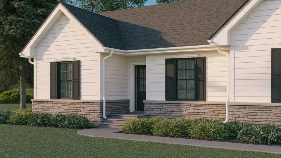 White home with stone skirting, black trim windows, and subtle exterior lighting for curb appeal