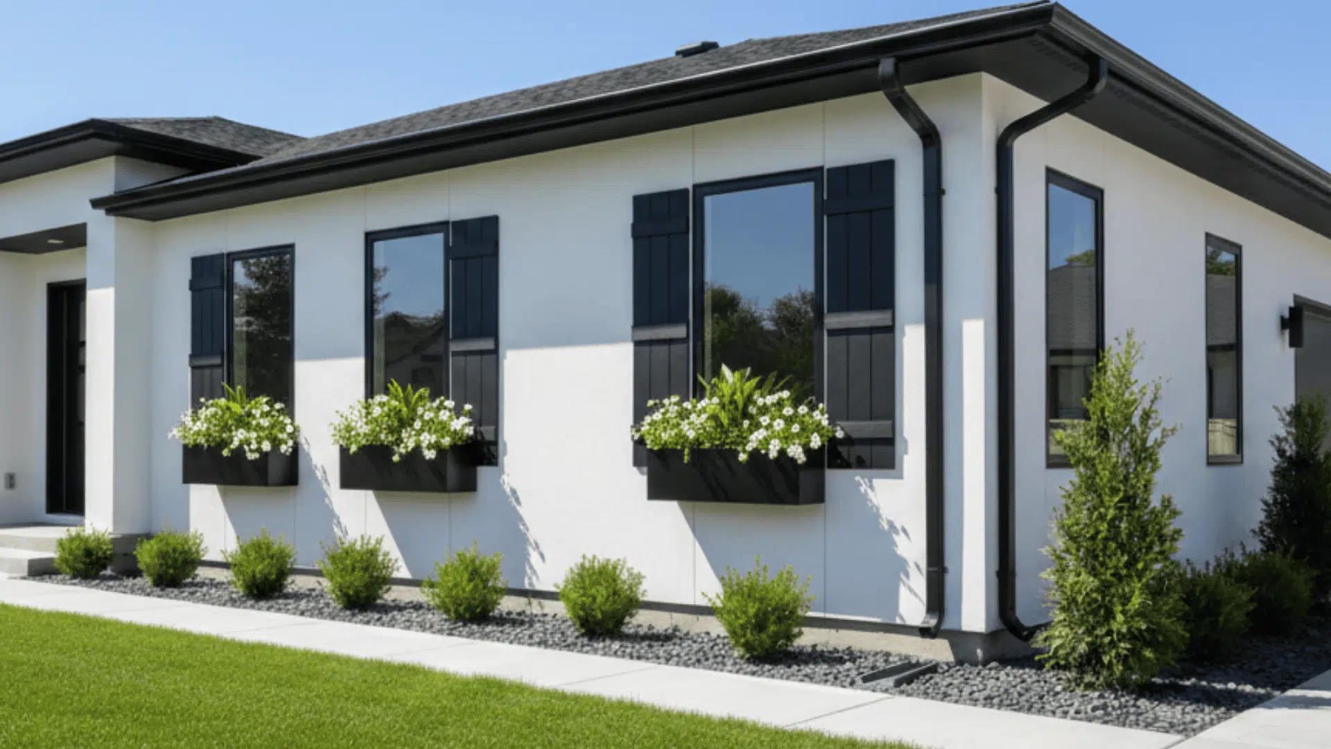 White house exterior with black shutters, window boxes, and neat landscaping along modern facade