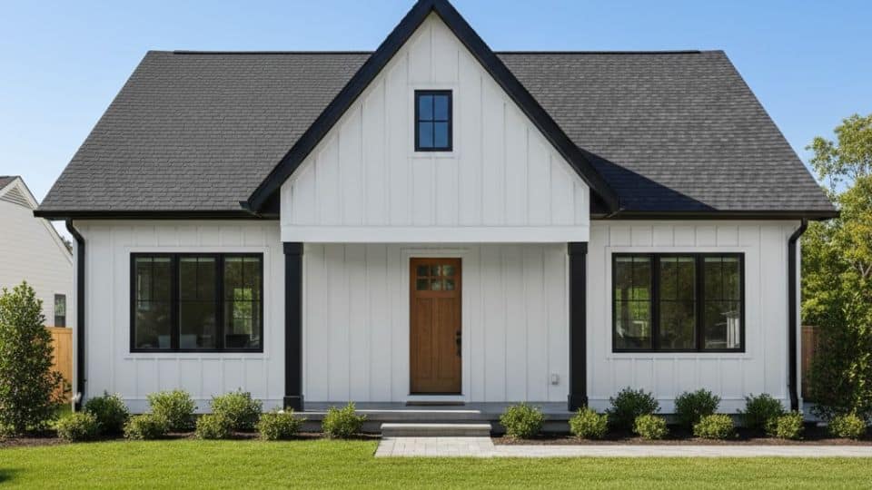 White house with matte charcoal roof shingles, black window trim, and soft outdoor lighting at dusk