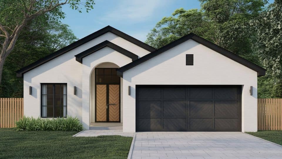 White modern home with black garage door, arched entry, and wood chevron pattern front door