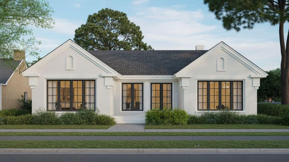 White modern home with black grid windows, clean lines, and symmetrical exterior design style