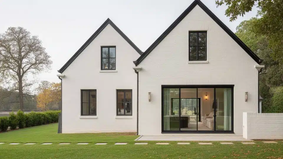 White painted brick home with black gable peaks, steep rooflines, and minimalist outdoor landscaping