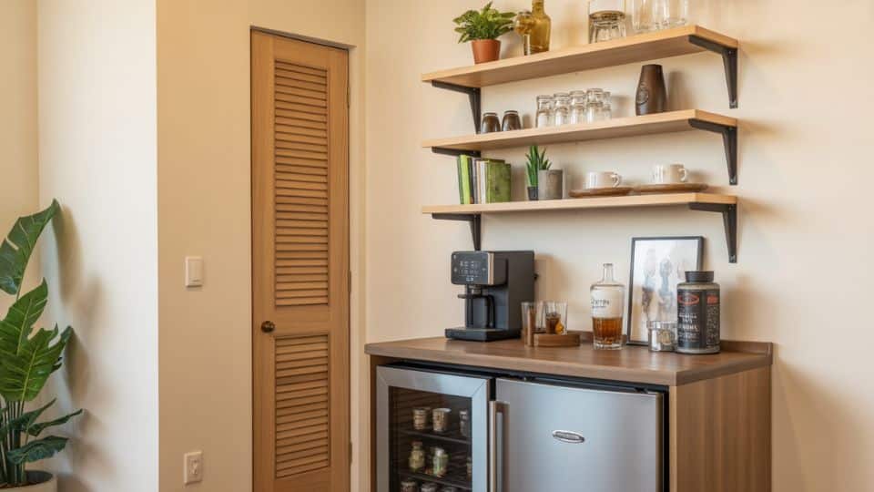 coffee bar above mini fridge