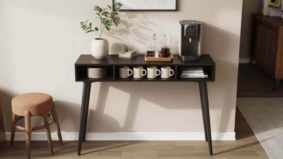 coffee bar on a narrow console table