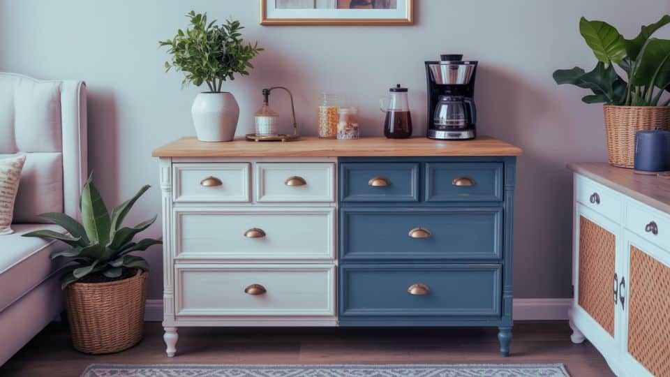 coffee bar using repurposed furniture