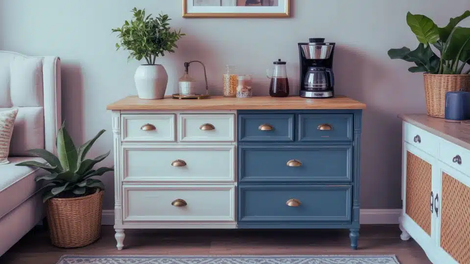 coffee bar using repurposed furniture