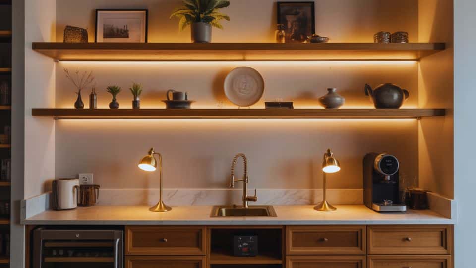 coffee bar with built in lighting