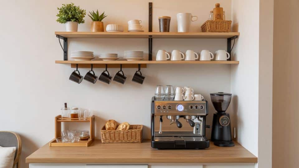 coffee bar with built in mug rack